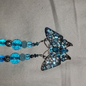 New not used vintage butterfly pendent on semi precious stone and glass necklace